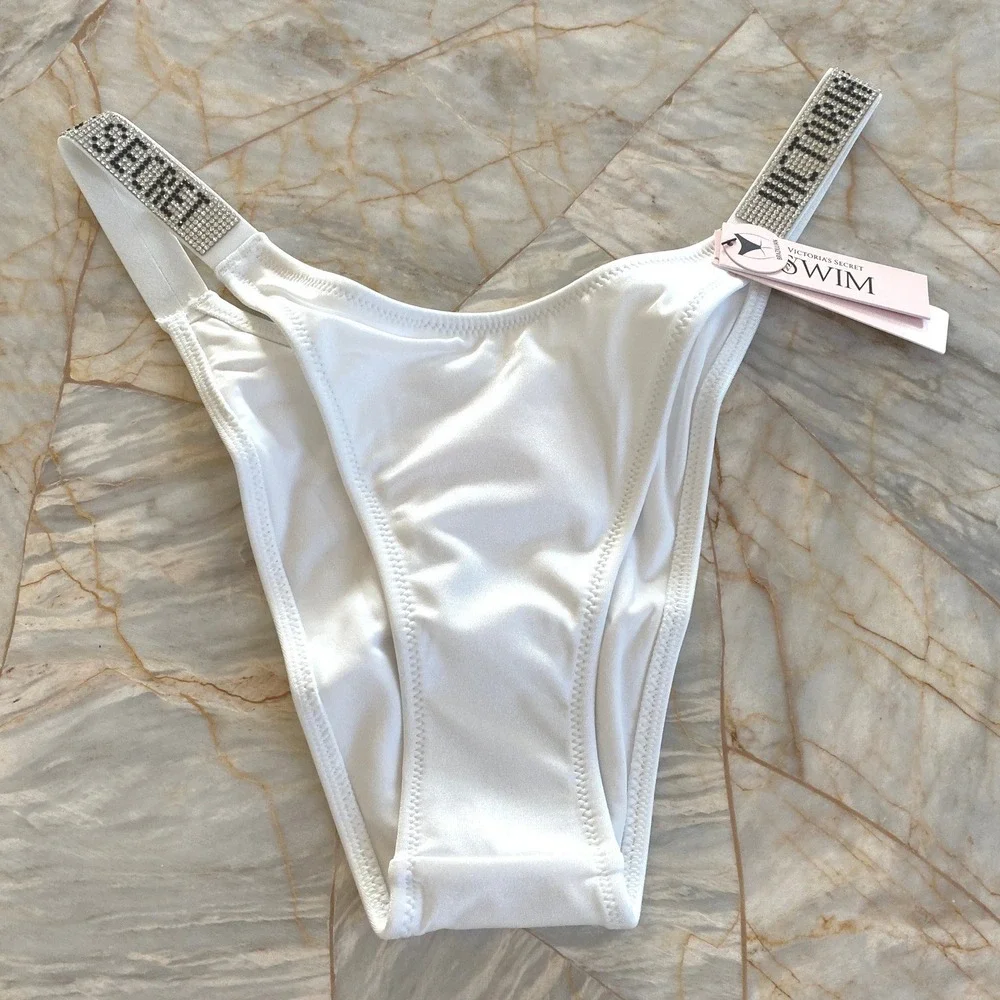 Victorias Secret Shine Strap Brazilian Bikini Bottom White Rhinestone Small NEW